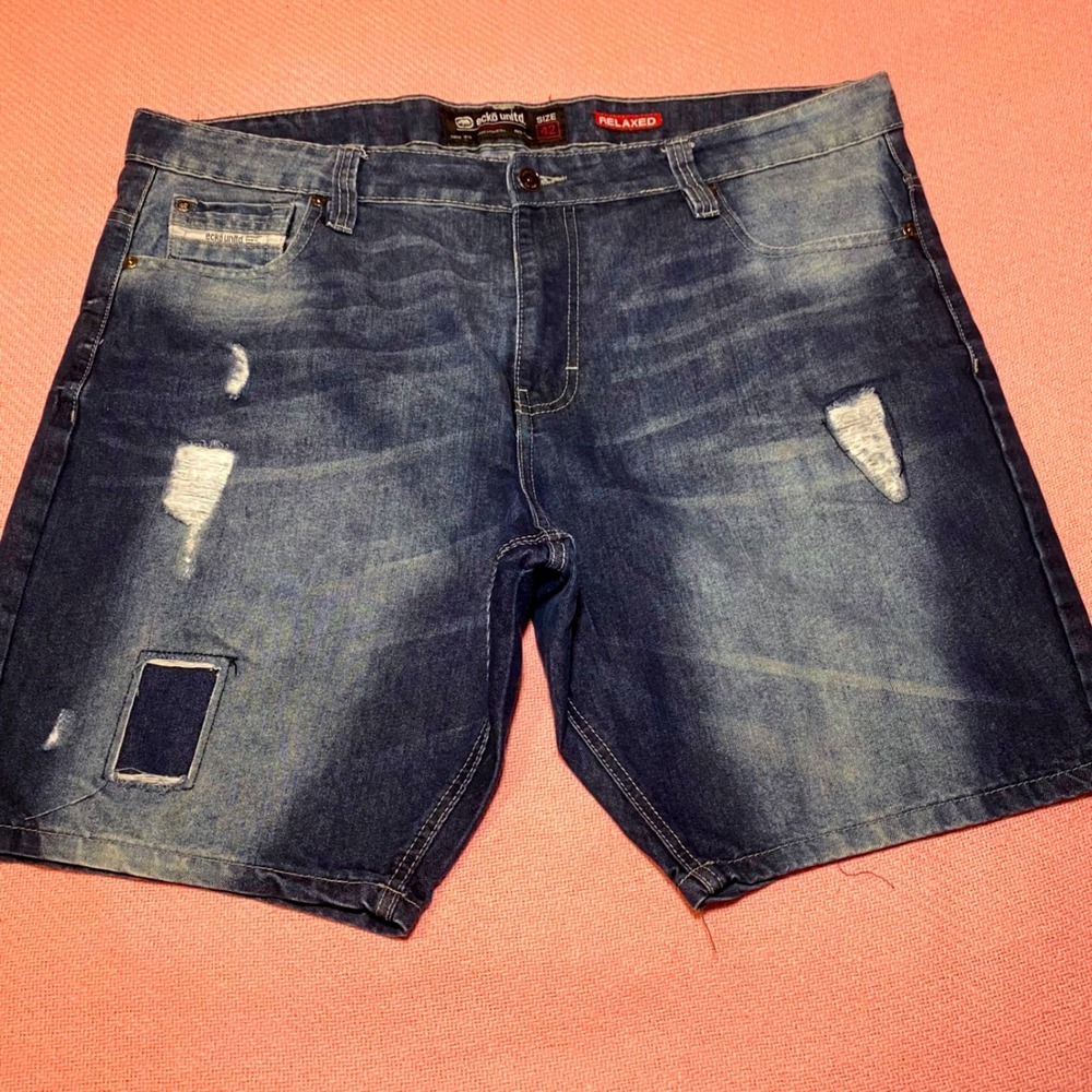 Ecko Unltd Mens Relaxed Fit‎ Distressed Denim Shorts Blue Size 42 Y2K Hip Hop